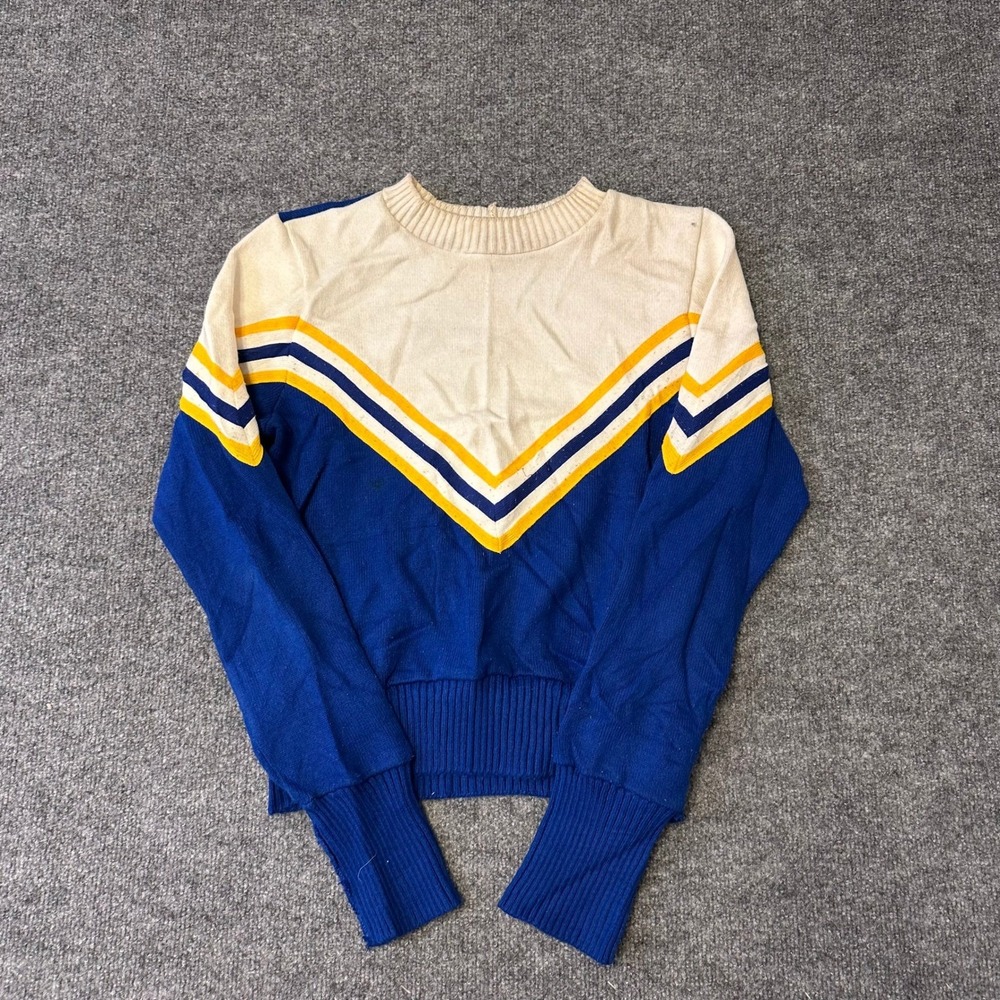 Vintage Sweater Womens Size S Blue White Yellow Chevron Knit Retro Cheer Fair